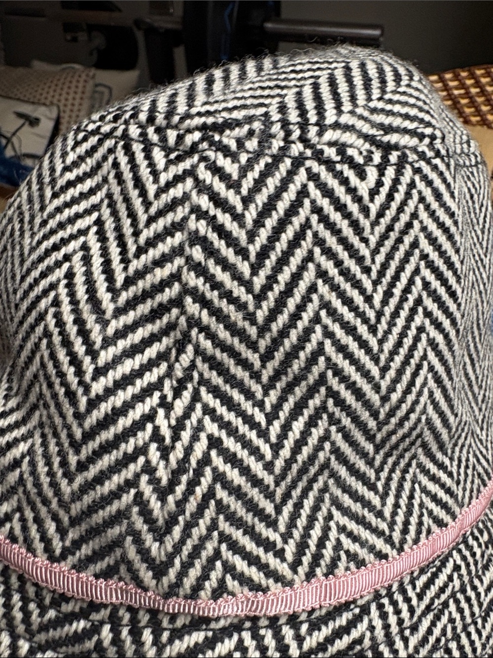 J. Crew Black & White Herringbone Bucket Hat with Pink Ribbon - Picture 15 of 16
